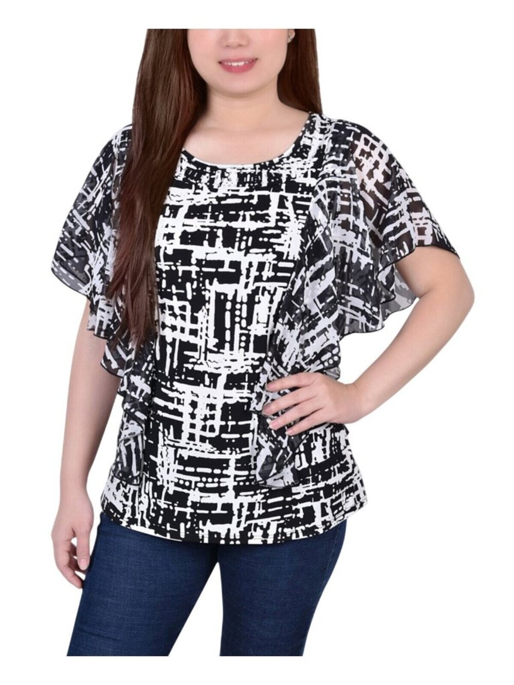 NWT Ny Collection Chiffon Sleeve Poncho Printed Blouse Top Black Acutelines XL